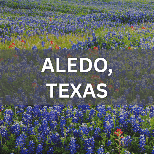 Aledo, Texas real estate surrounded by blooming bluebonnets, showcasing local neighborhoods and natural beauty.