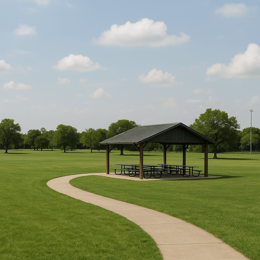 Rendering of Burleson’s new 55-acre community park set to open in Spring 2026, featuring walking paths, open green spaces, and event areas.