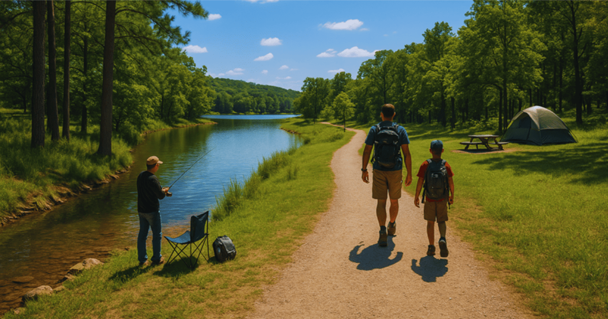 Families enjoying outdoor recreation near Burleson, Texas with fishing, hiking trails, and camping by the lake.