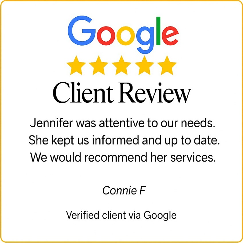 Connie F’s Google review for Jennifer Greenfield, South DFW Realtor, highlighting consistent communication and attentive service.