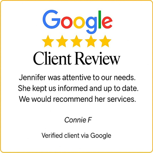Connie F’s Google review for Jennifer Greenfield, South DFW Realtor, highlighting consistent communication and attentive service.