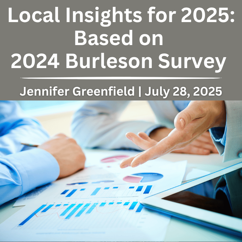Business meeting analyzing 2024 Burleson community survey results with charts and housing market data