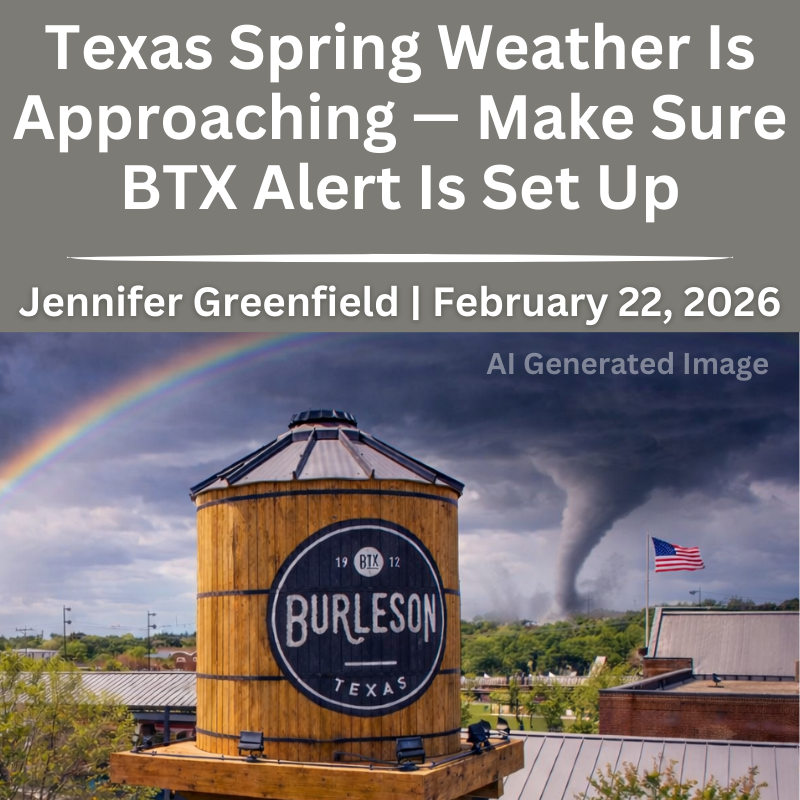 Burleson TX water tower during severe spring storm with lightning, rainbow, and tornado highlighting BTX Alert emergency preparedness for residents and homebuyers.