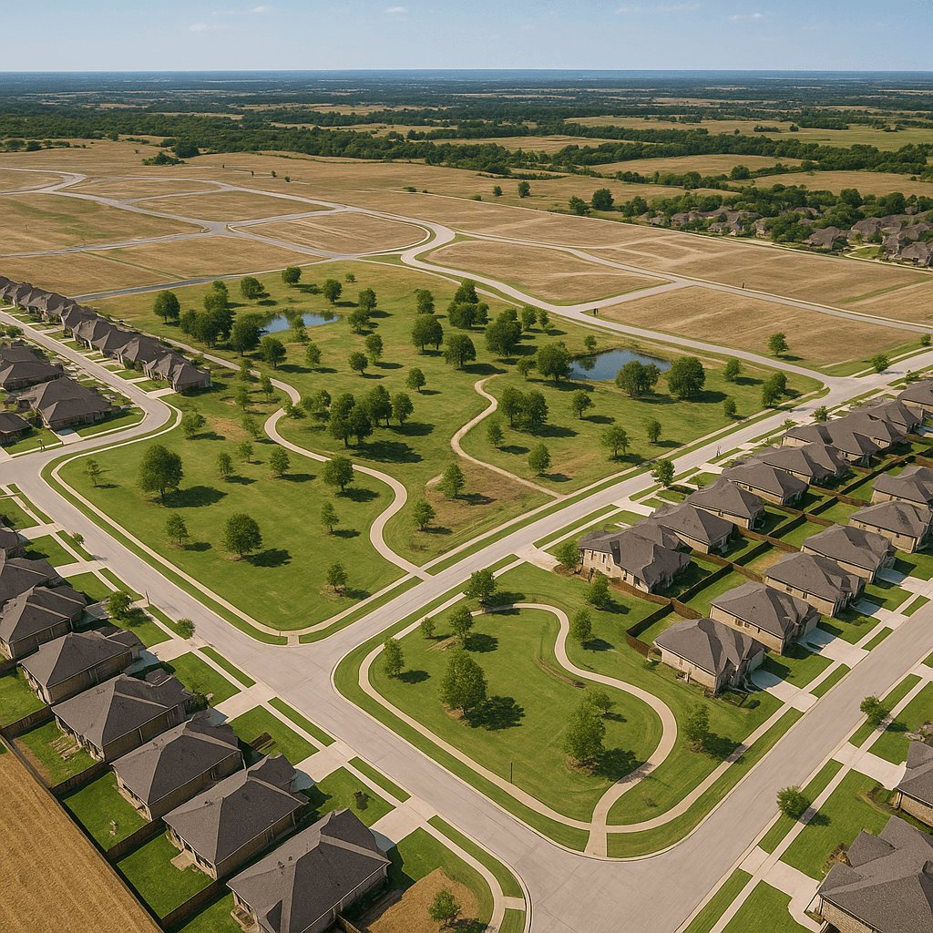 Aerial view of Chisholm Summit in Burleson, Texas showing master-planned community layout with parks, trails, and new home development areas - AI Image