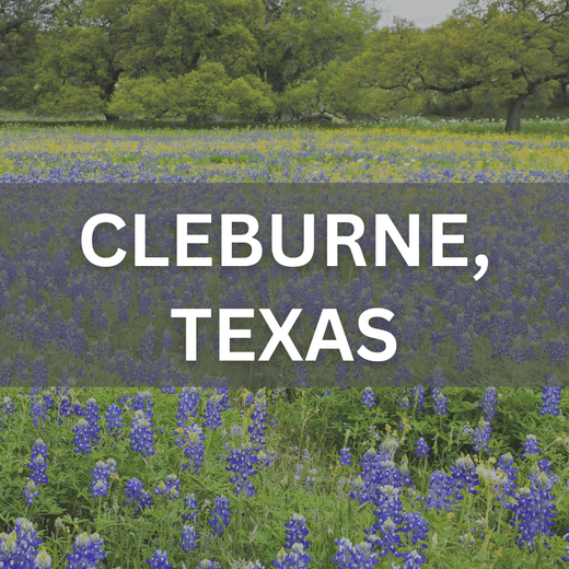 Cleburne, Texas real estate surrounded by blooming bluebonnets, showcasing local neighborhoods and natural beauty.