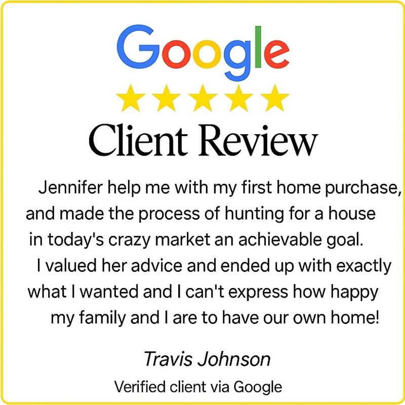 Travis Johnson’s 5-star Google review for Jennifer Greenfield, Realtor in Burleson, who helped him buy his first home successfully.