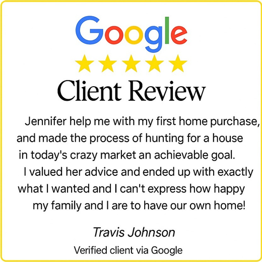 Travis Johnson’s 5-star Google review for Jennifer Greenfield, Realtor in Burleson, who helped him buy his first home successfully.