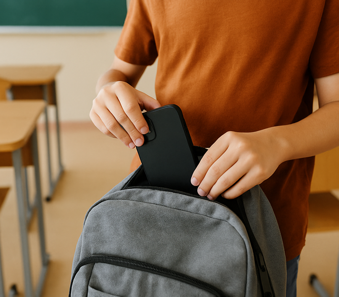 Student putting phone in backpack due to Texas school device ban in Burleson ISD.