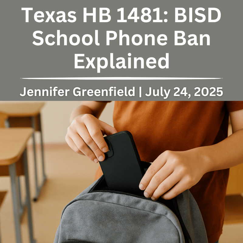 Burleson ISD school entrance highlighting Texas HB 1481 student device ban.