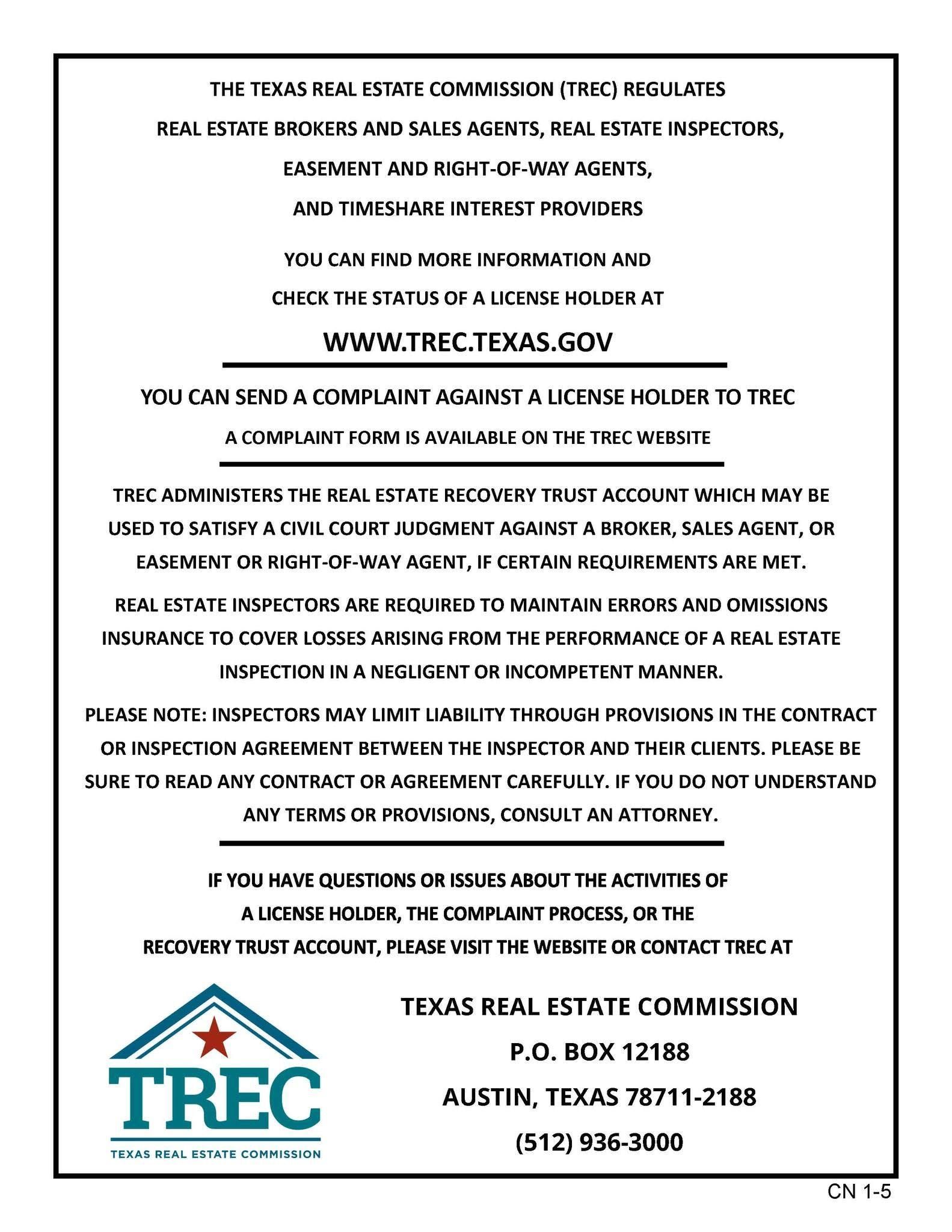 Texas Real Estate Commission Consumer Protection Notice form (CPN)