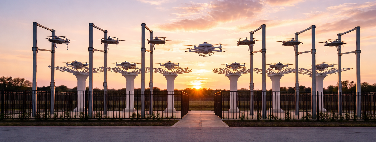 Drone delivery service operating in Burleson neighborhoods Walmart drone flying over a residential neighborhood in Burleson Texas during active delivery service.
