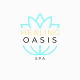 Logo for Healing Oasis Spa. Aqua lotus with gold 