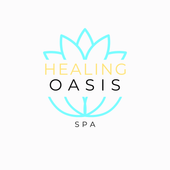 Logo for Healing Oasis Spa. Aqua lotus with gold 