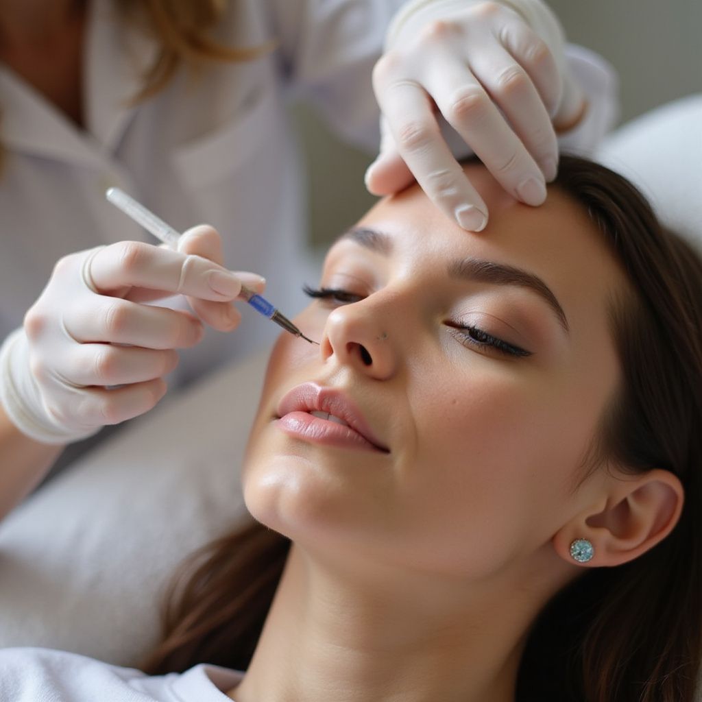 Woman receiving a nose injection in a medical setting. Gloved hands holding a syringe near her nose.