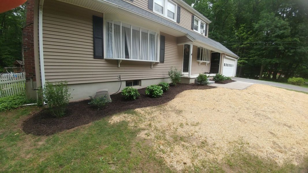 A house with a lot of mulch in front of it.