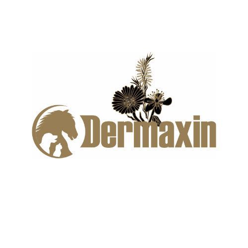 Un logotipo para Dermaxin con un caballo y flores sobre un fondo blanco.