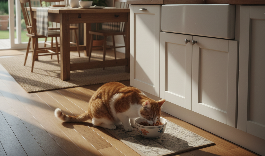 Gato naranja y blanco comiendo de un cuenco sobre una alfombra en una cocina iluminada por el sol.