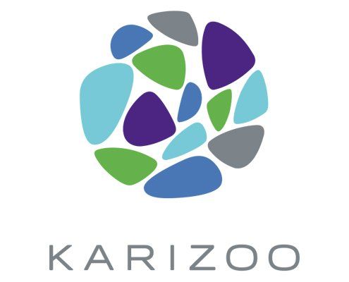 Un logotipo para una empresa llamada karizoo con un círculo de piedras azules, verdes y moradas.