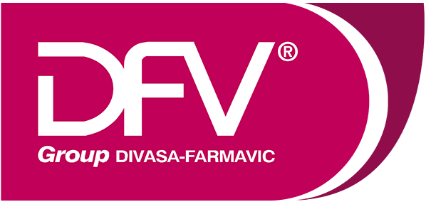 Un logotipo rosa y blanco para el grupo Divasa-Farmavic
