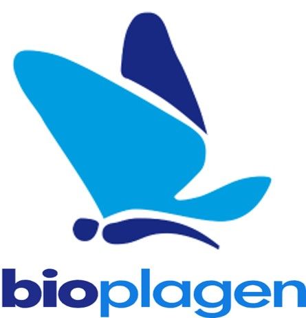 Un logotipo para Bioplagen con una mariposa azul.