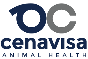 Un logotipo azul y gris para Cenavisa Salud Animal.