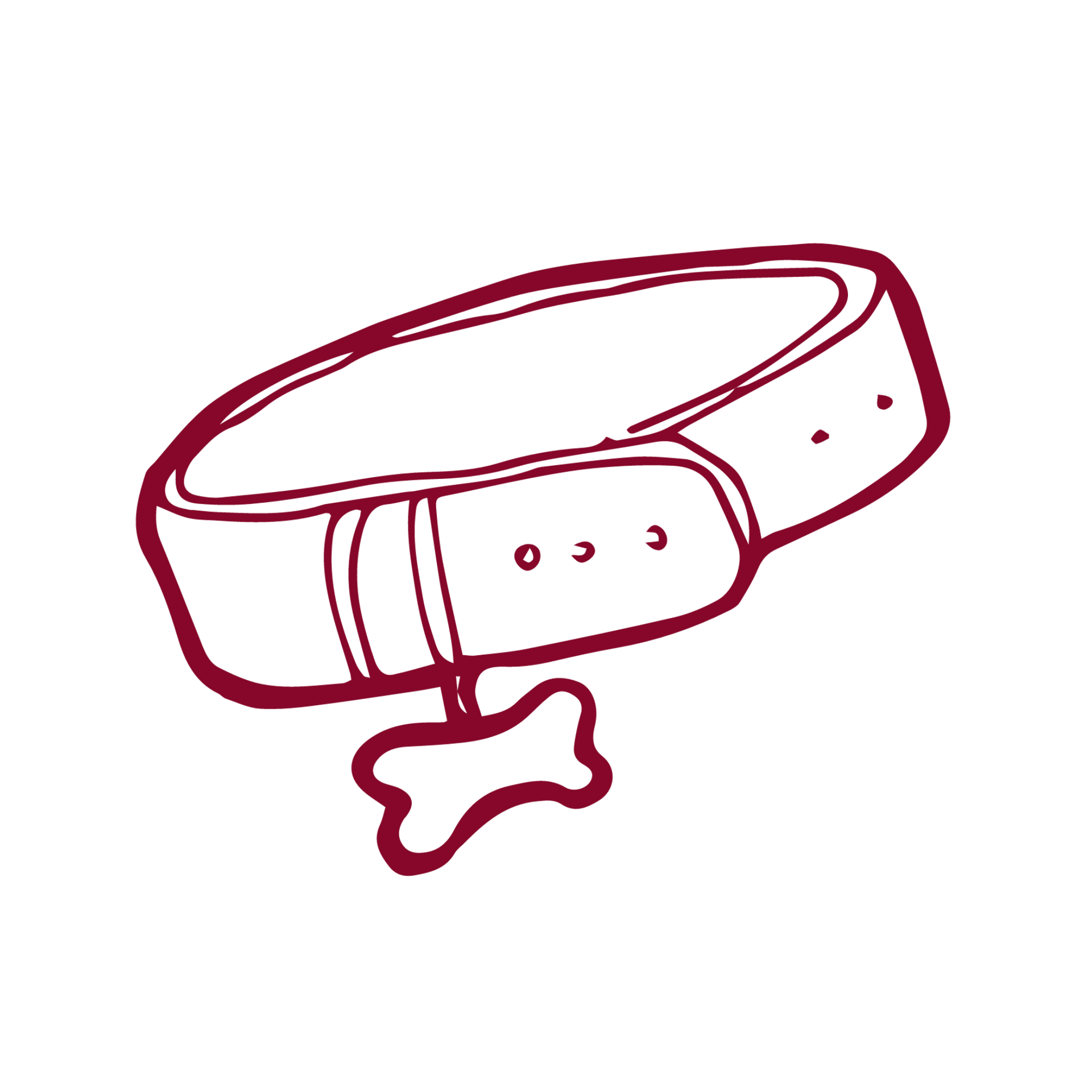 Un dibujo de un collar de perro con un hueso adherido a él.