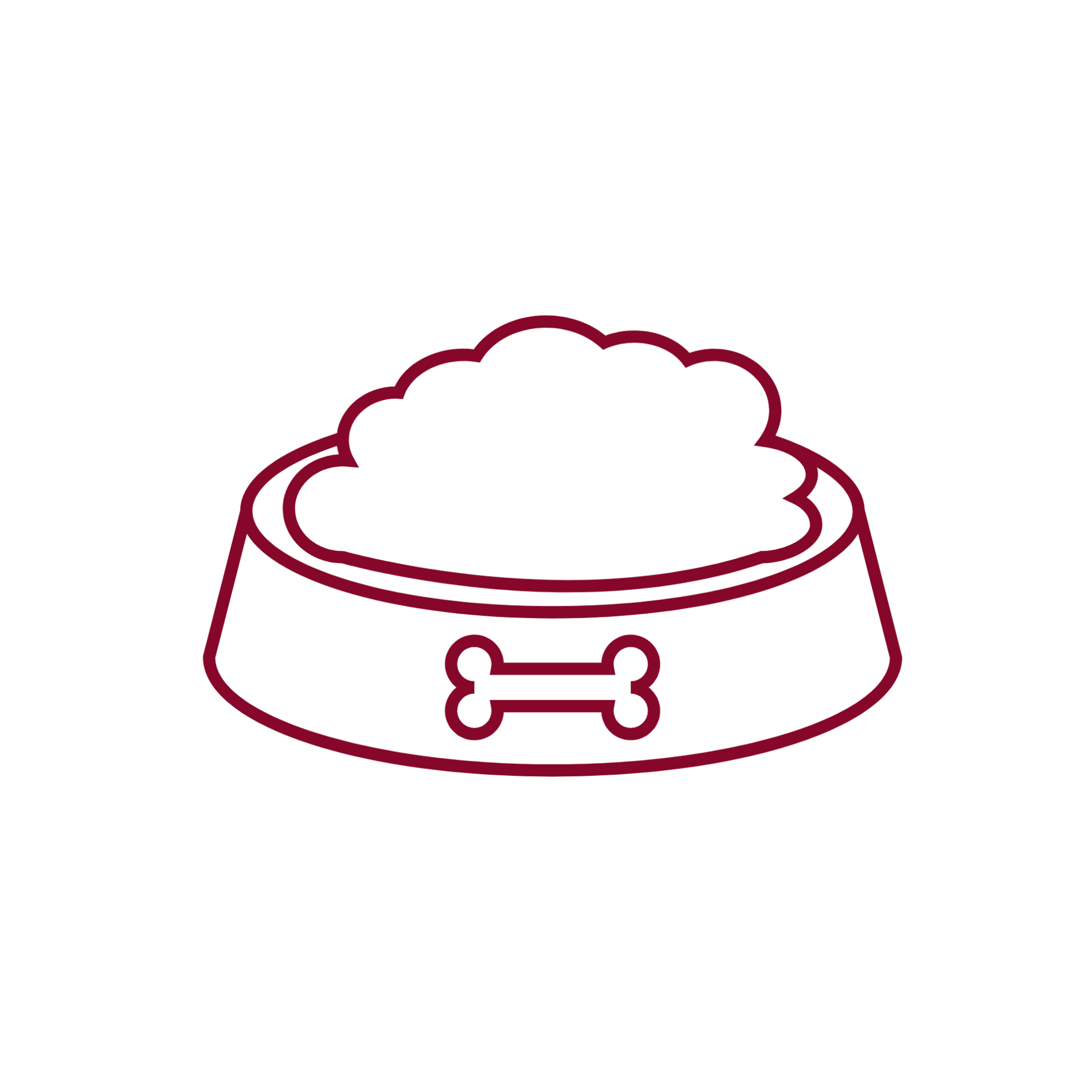 Un recipiente con comida para perro con un hueso encima.