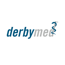 El logotipo de DerbyMed es un logotipo azul y blanco con un símbolo médico.