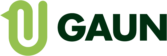 Un logotipo verde y negro para Gaun sobre un fondo blanco.