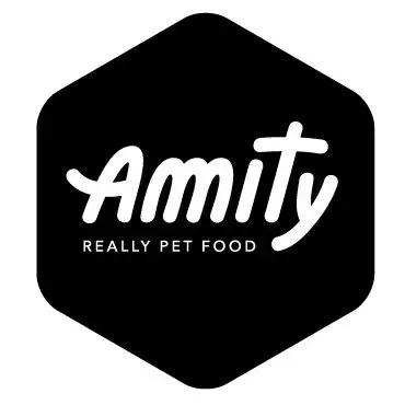 Un logotipo en blanco y negro para Amity, la verdadera comida para mascotas.