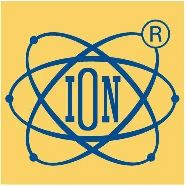 Un logotipo de iones azules sobre un fondo amarillo.