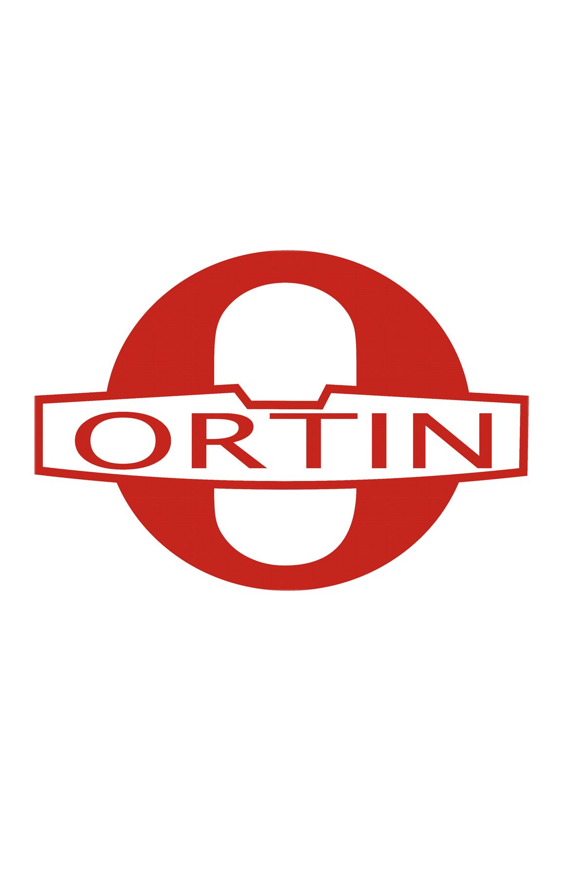 Un logotipo rojo y blanco para Ortin sobre un fondo blanco.