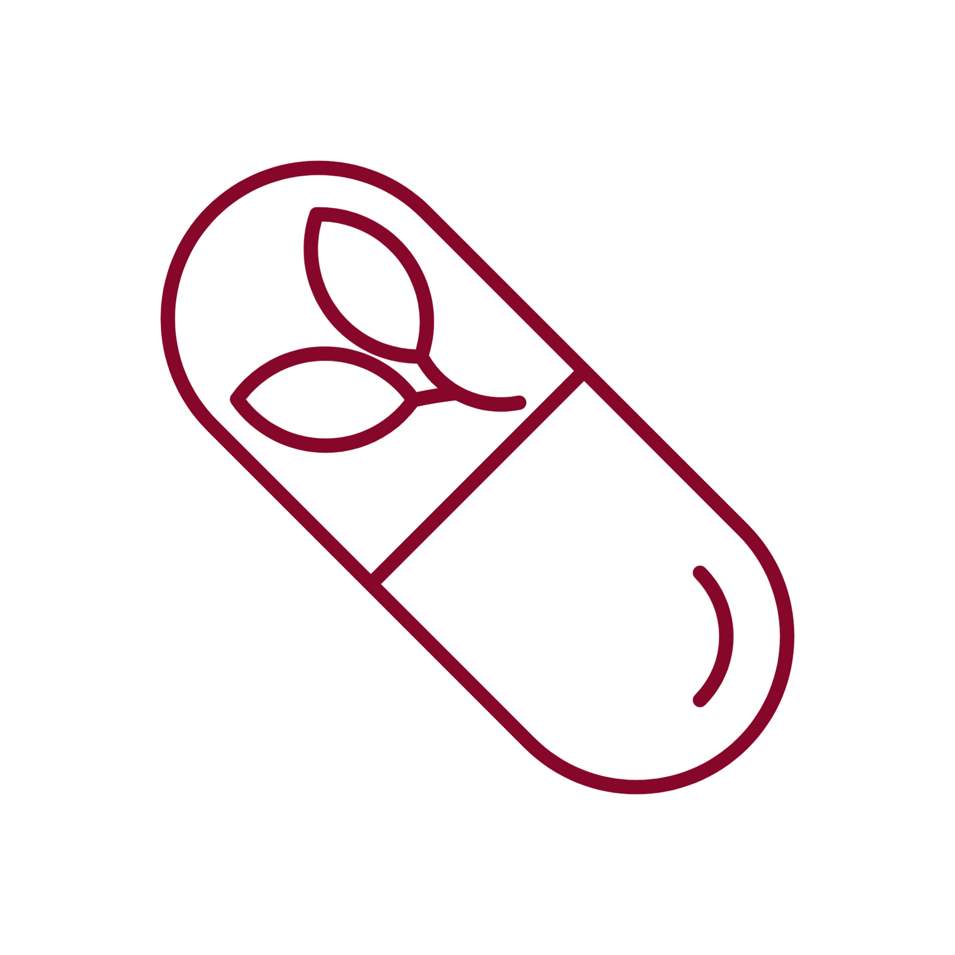 Un dibujo lineal de una cápsula con hojas sobre ella.