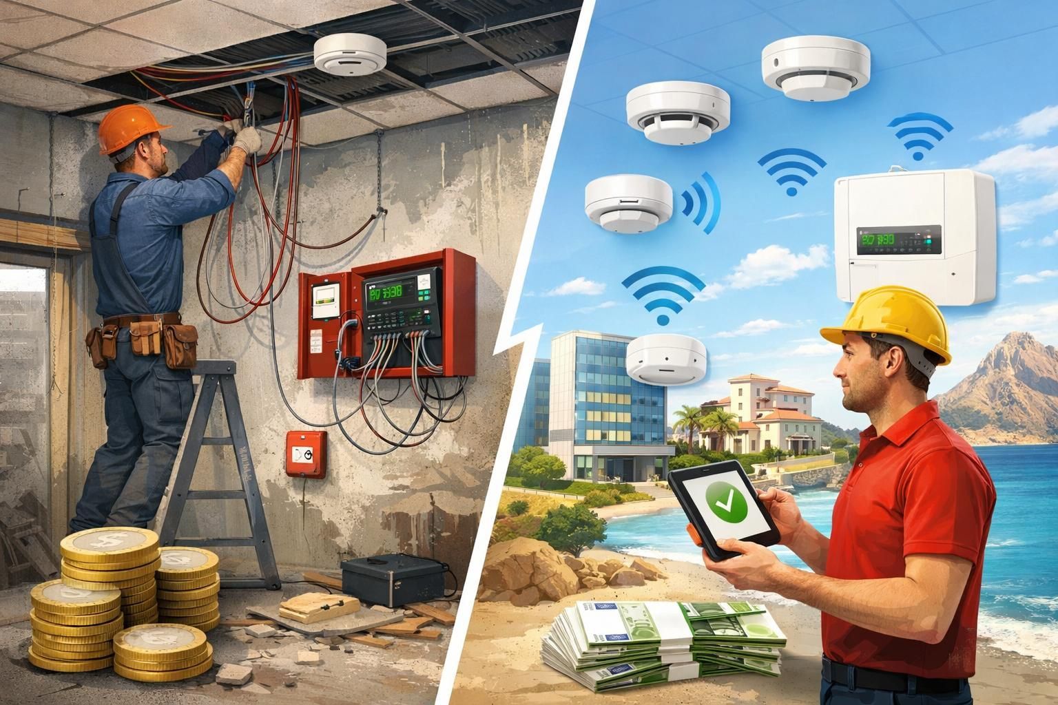 Traditionele brandmeldinstallatie met kabels verleden tijd