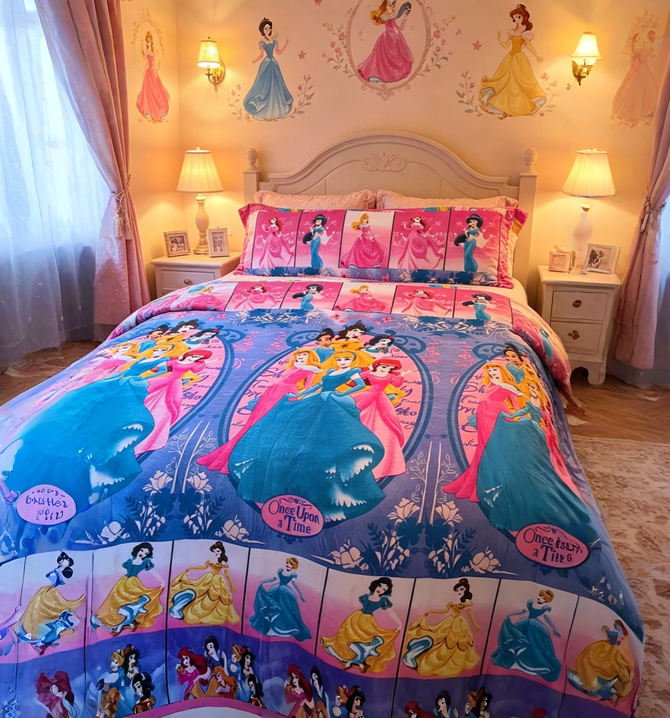 Habitación con temática de princesas, con ropa de cama rosa de Disney, lámparas y papel tapiz con estampado de hadas.