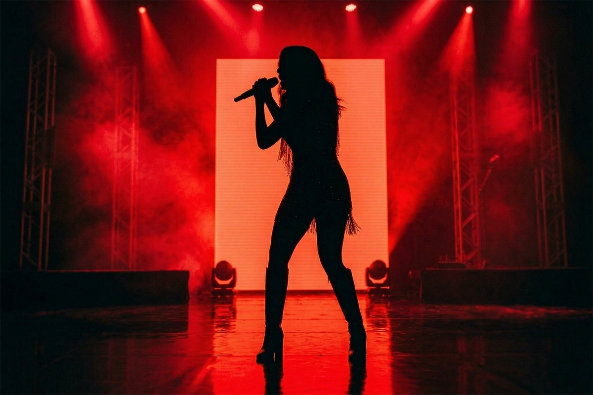 Cantora em silhueta segurando um microfone no palco, iluminada por luzes vermelhas intensas, com fun
