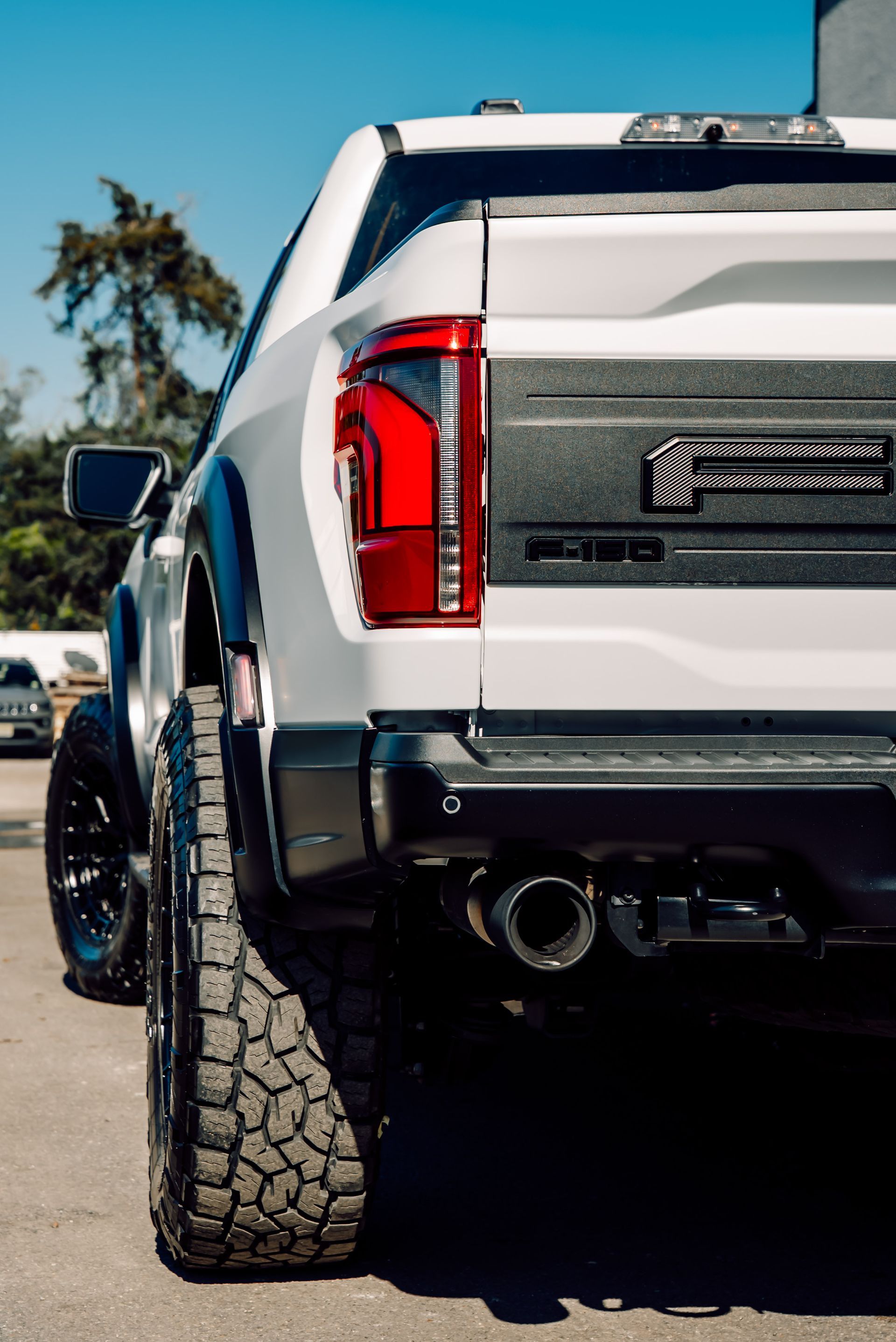 White Ford F-150 Raptor truck, rear view, black wheels, large tires, tinted taillights, sunny outdoor setting.