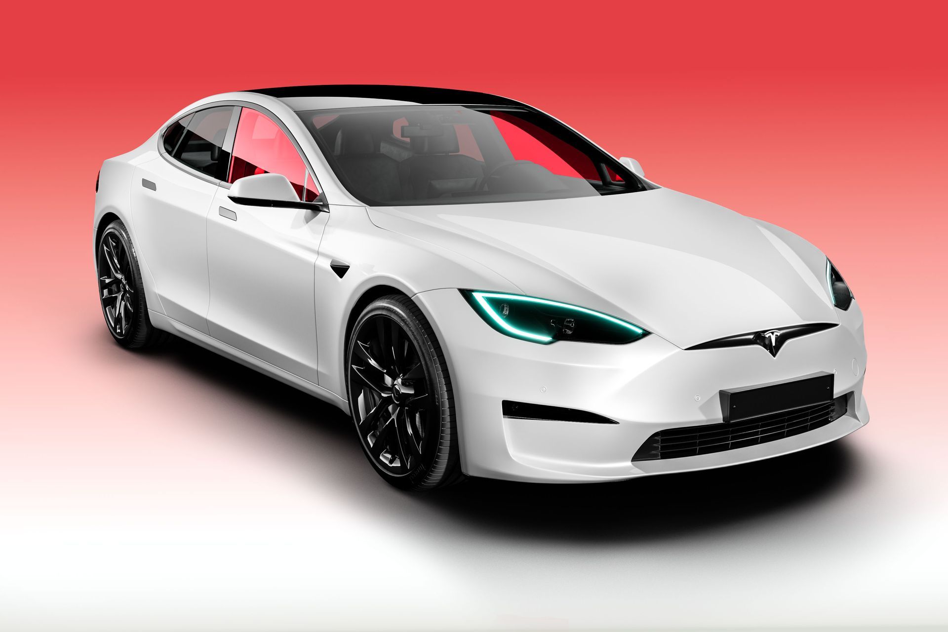 a white tesla model s is on a red background .