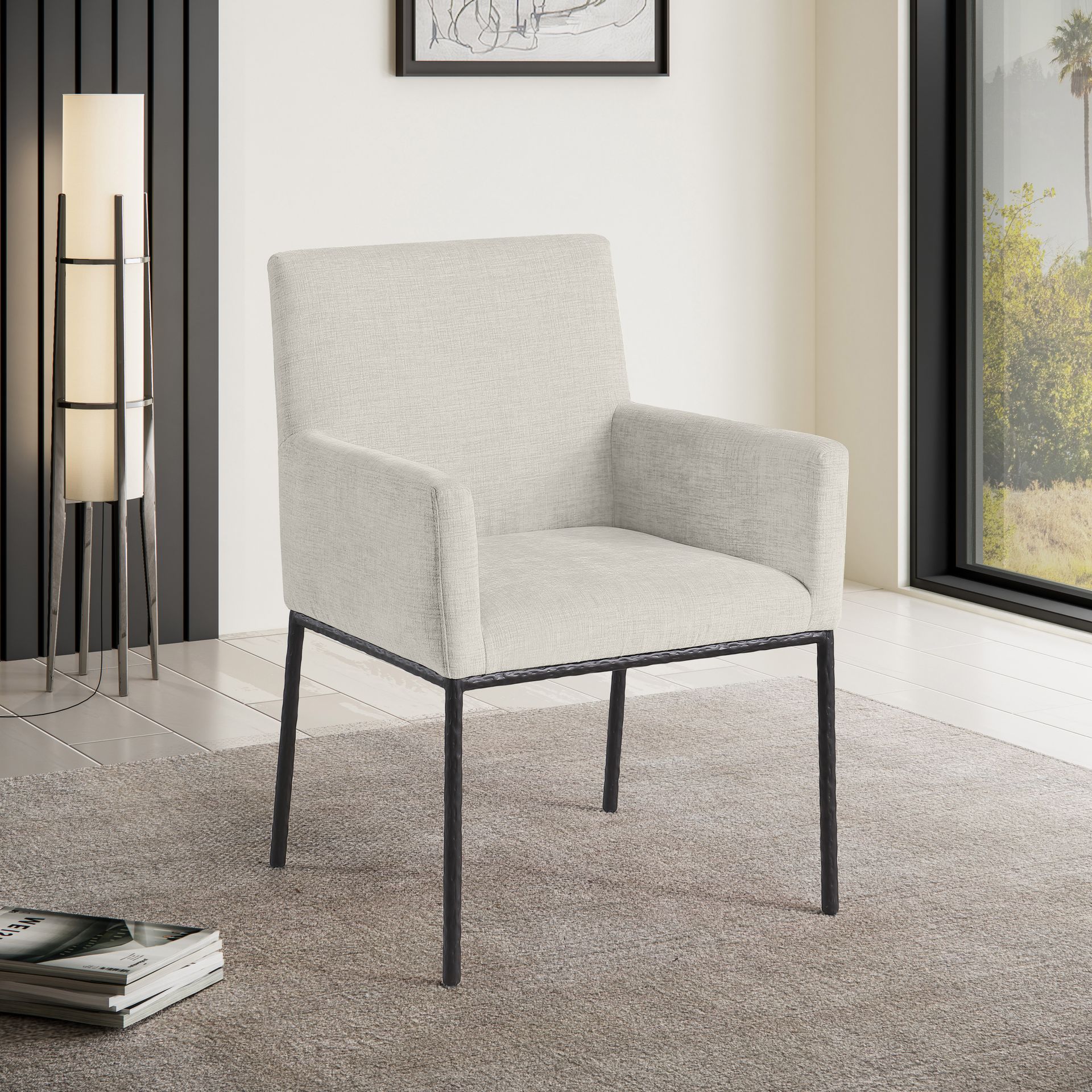 Reeves Chenille Fabric Upholstered Dining Arm Chair