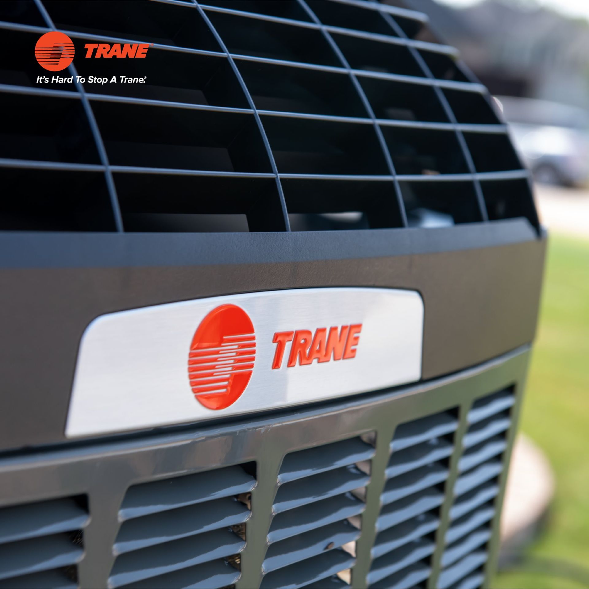 The front of a trane air conditioner is shown