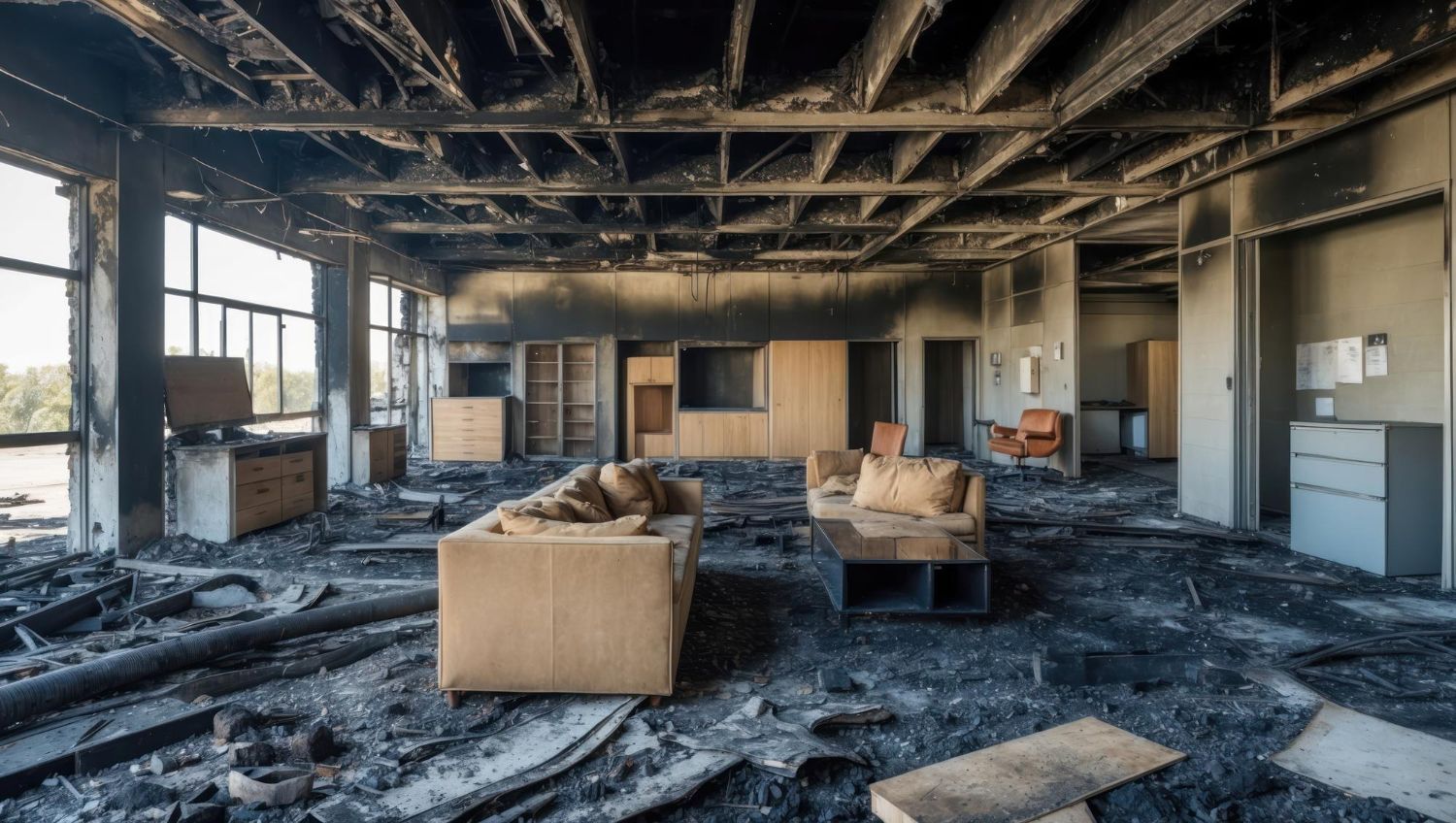 A living room in an abandoned building with a couch and a table.