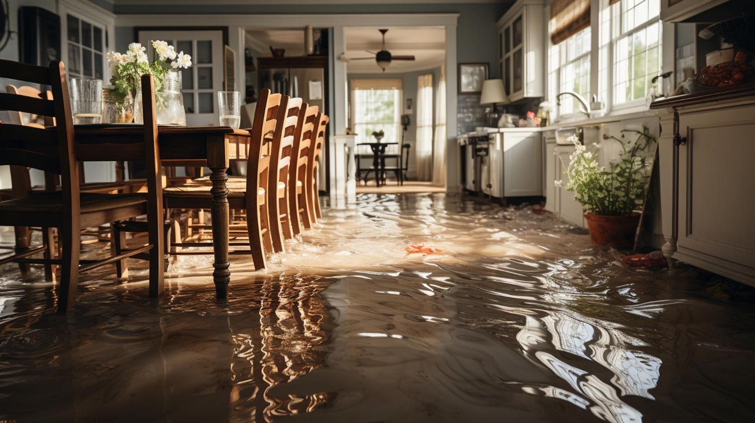 A flooded kitchen and dining room in a house.