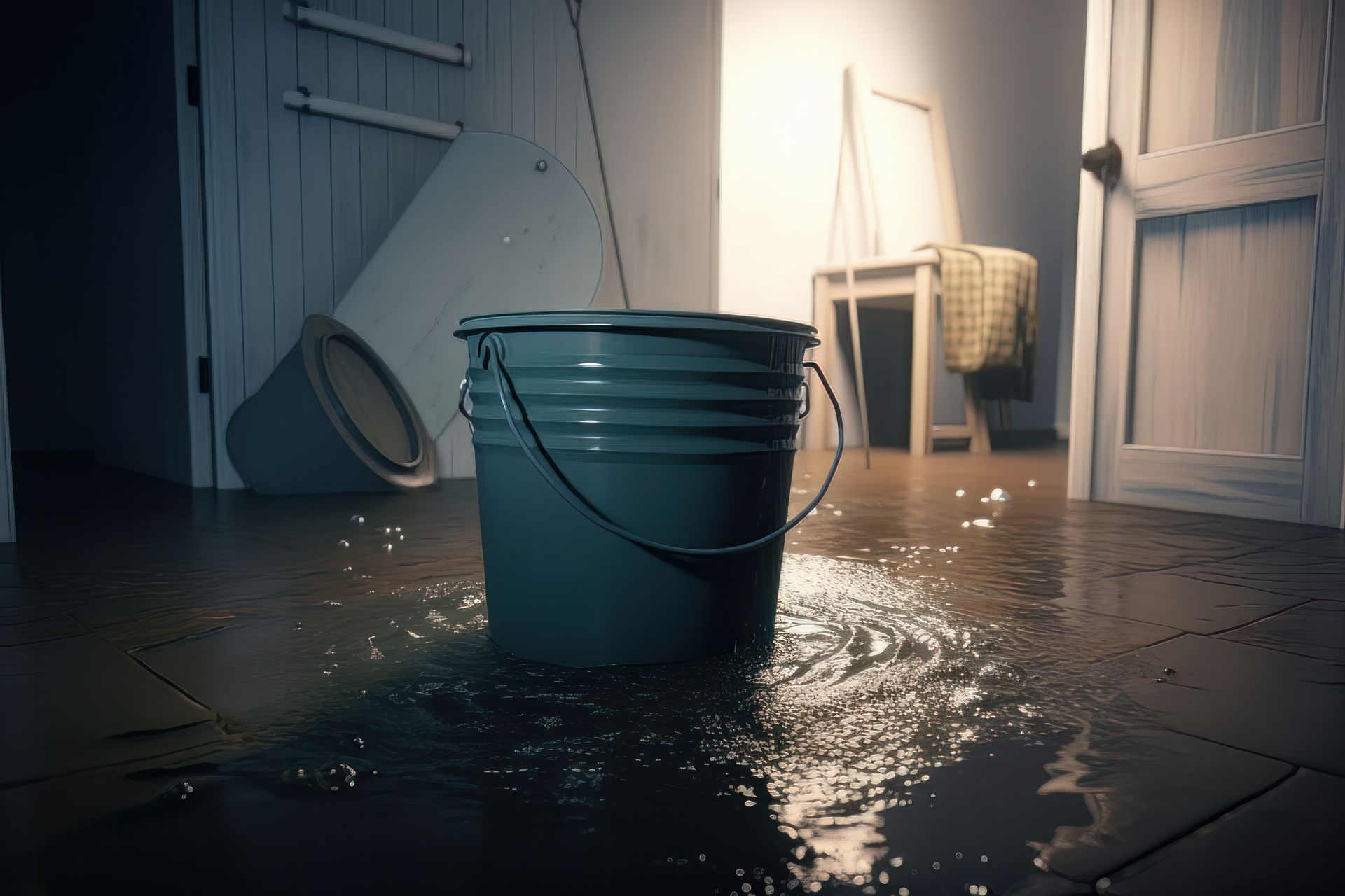 a bucket is sitting on the floor of a flooded room .