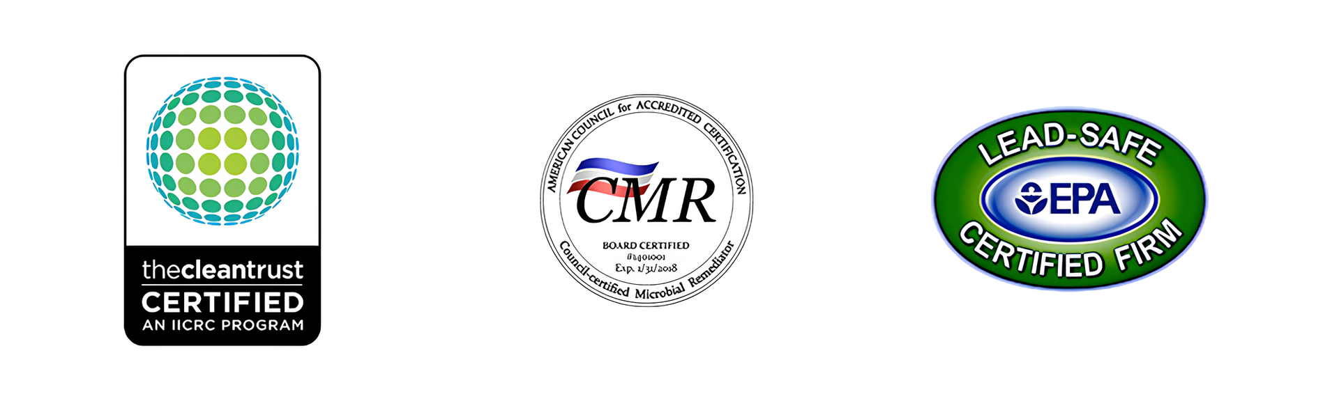 three logos on a white background with one that says cmr, the other one says the clean trust, and the third says  EPA