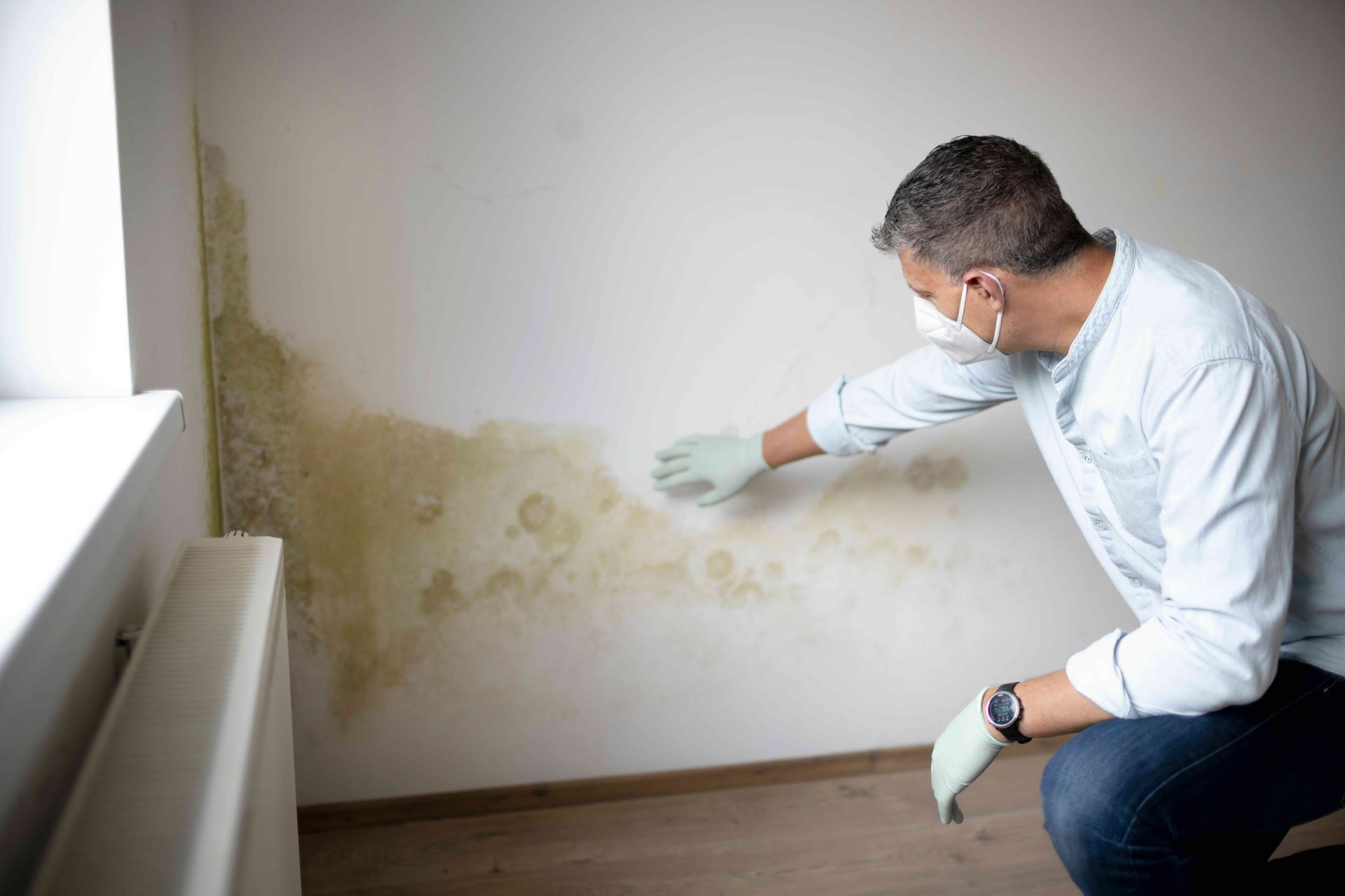 a man wearing a mask and gloves is looking at mold on a wall .