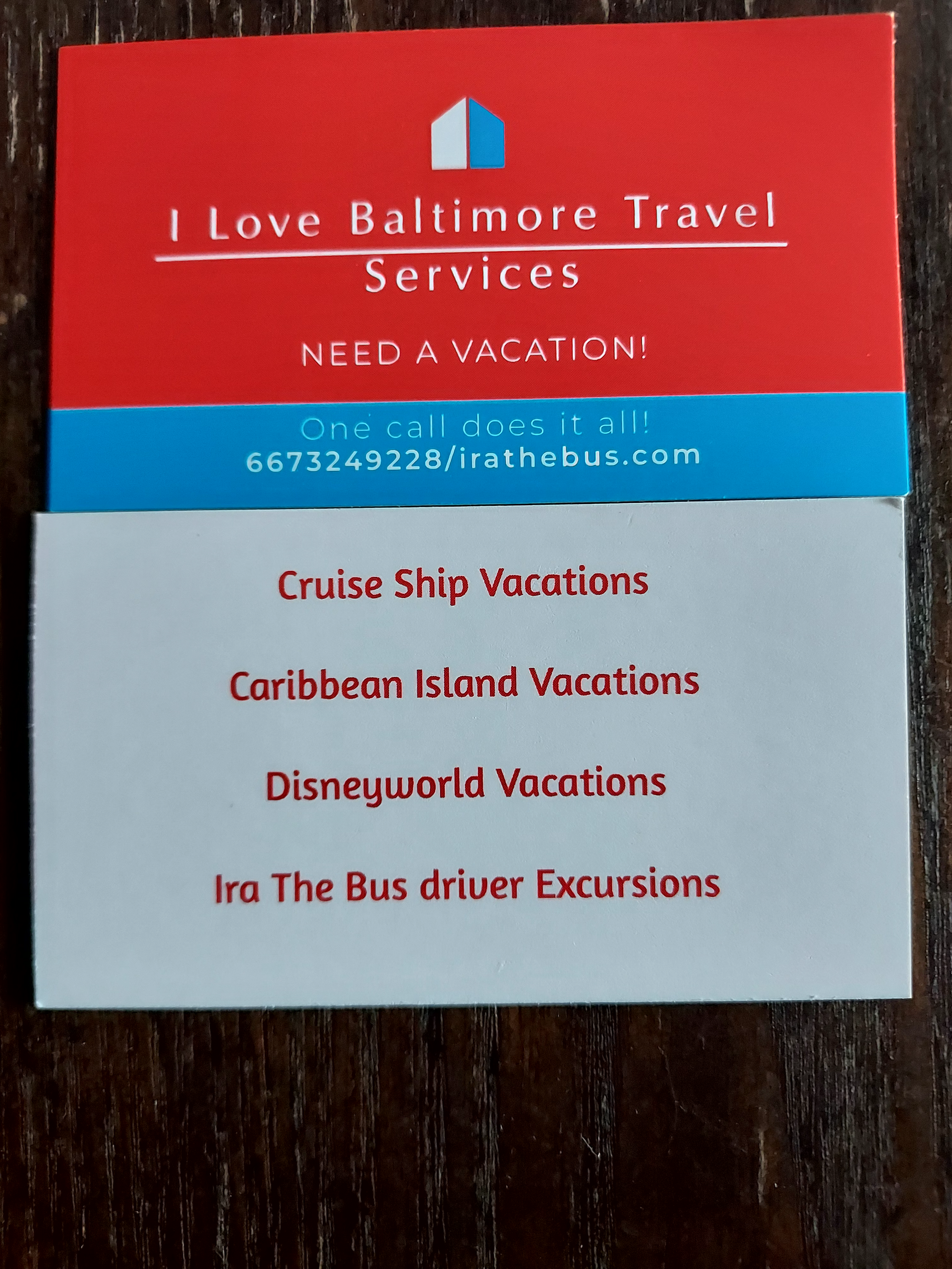 Flyer for “I Love Baltimore Travel Services” with red and blue sections listing vacation and excursion offerings