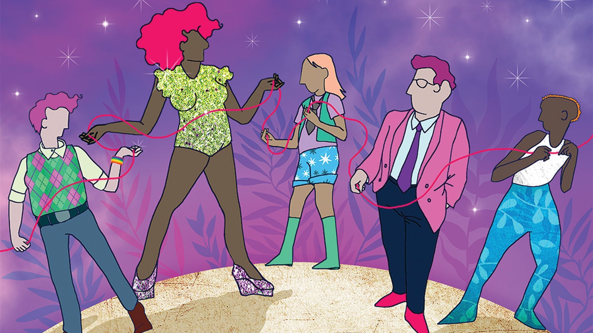 Cartoon: a diverse group of people dance against a sparkly background in a purple room.
