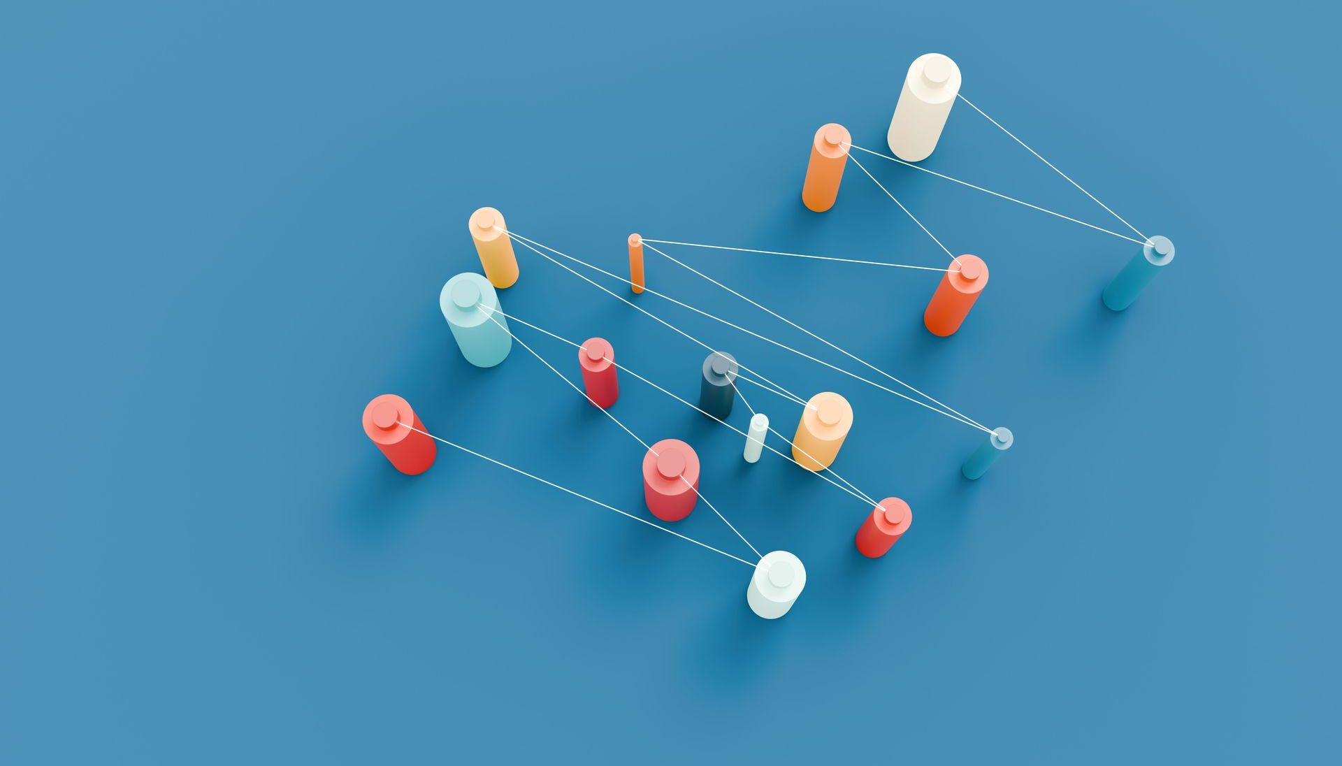 Small colorful pins connected by dotted lines on a blue background, forming a network diagram