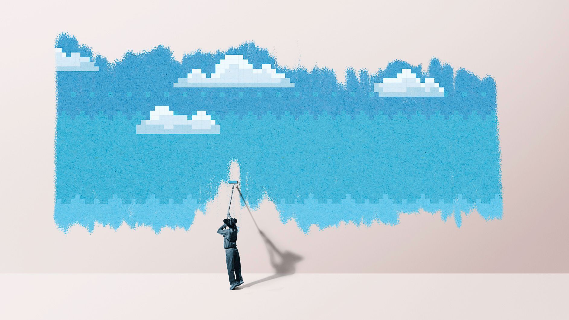 A person paints a pixelated blue sky and clouds on a wall.