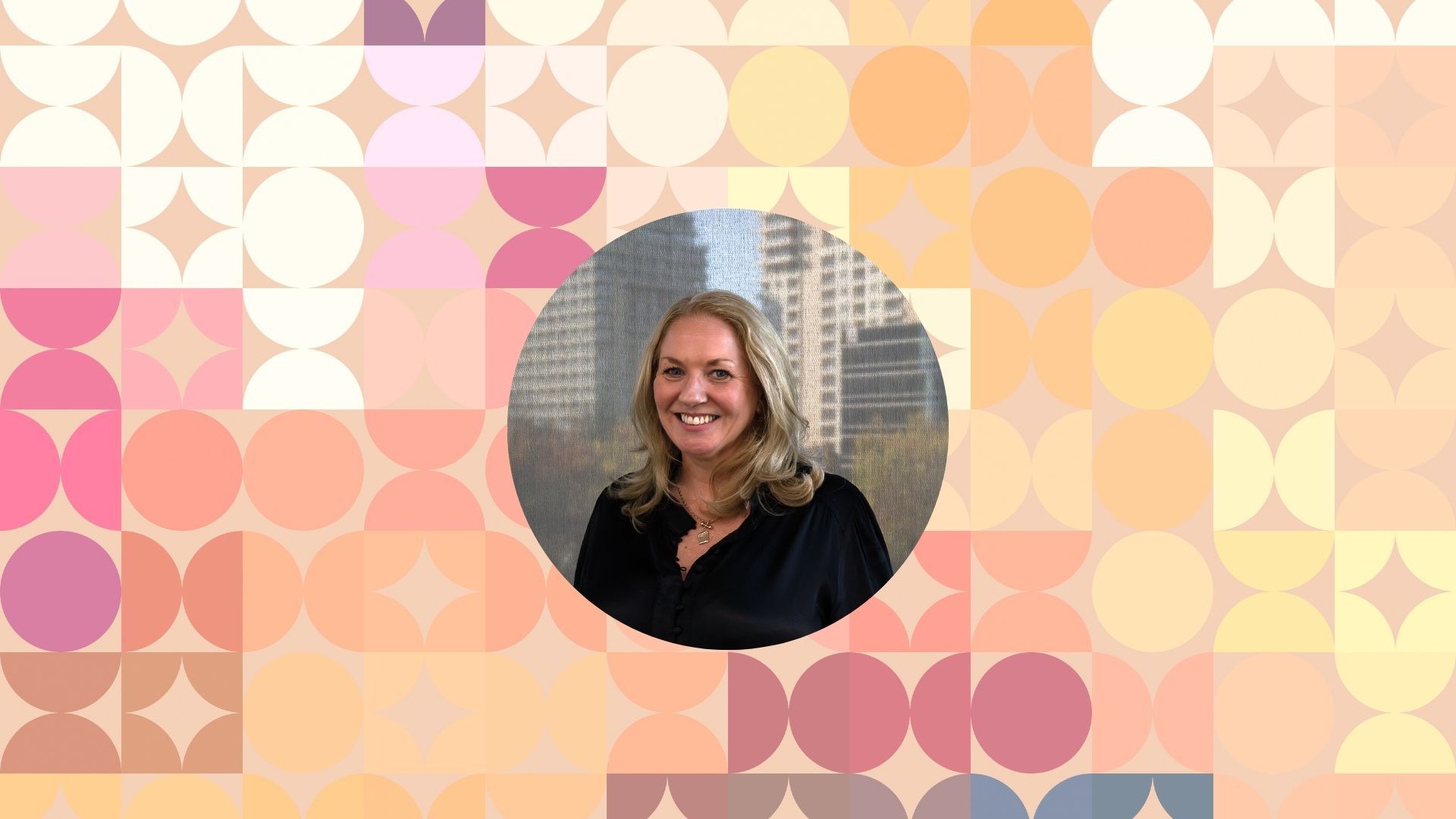 Tracey Wright in a circular portrait over a peach and pink geometric background